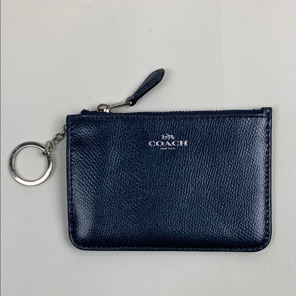 Coach leather metallic Navy Blue  Keychain cardholder Pouch wallet Silver Zip - Picture 1 of 9